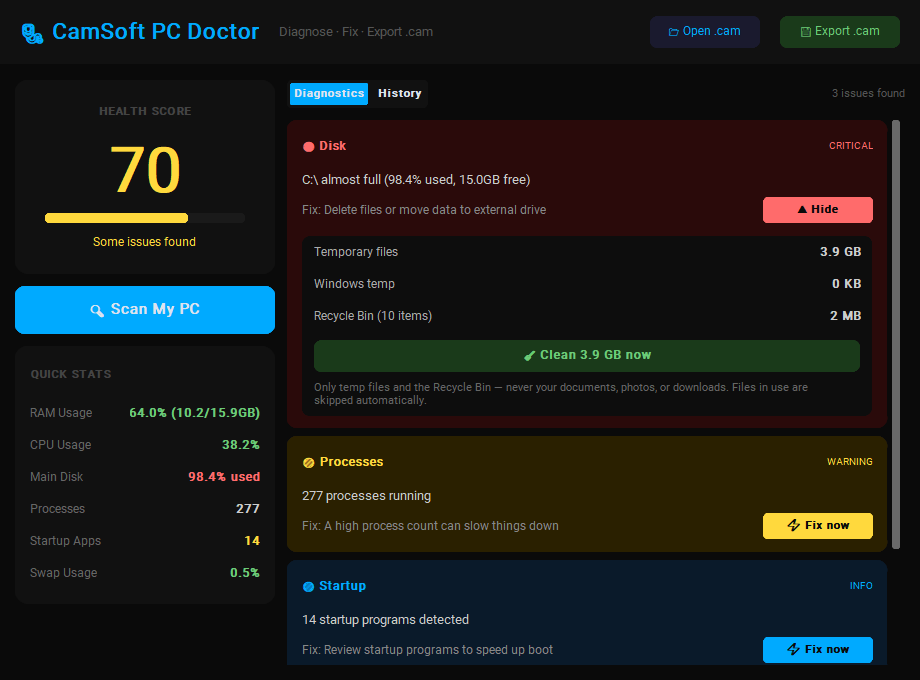 CamSoft PC Doctor showing a health score of 50 with detected issues and one-click fix buttons